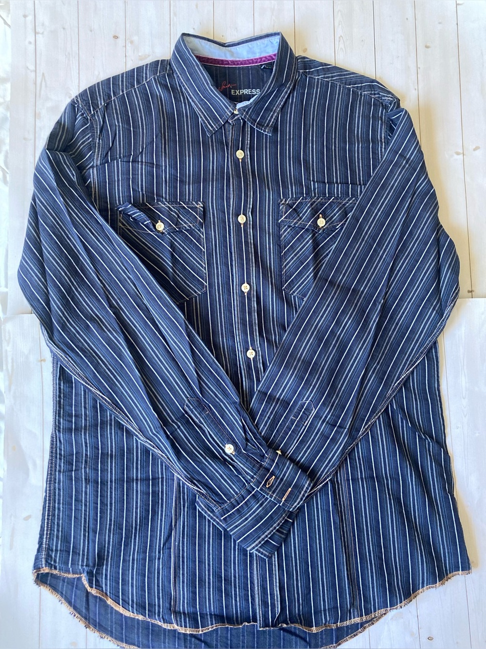 Arnold Stuart for EXPRESS Men’s L Navy Striped Western Shirt Long Sleeve